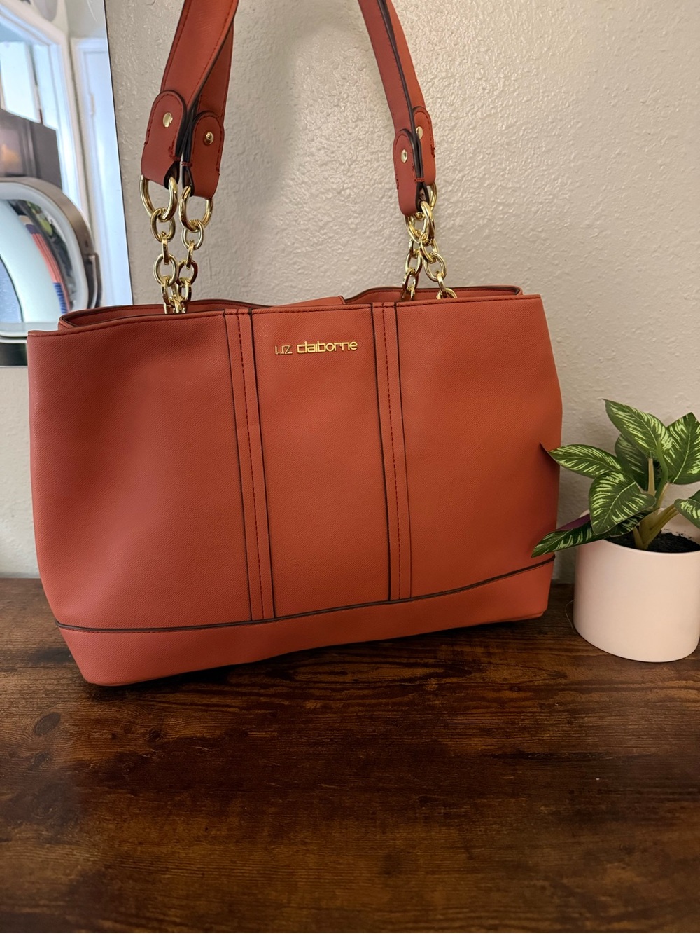 Liz Claiborne Coral Orange Structured Tote Shoulder Bag